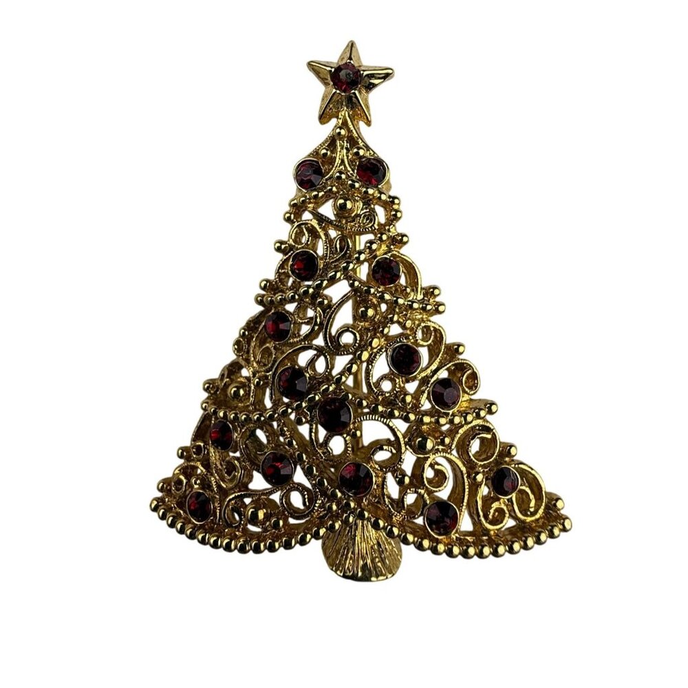 Gold Tone Christmas Tree Brooch Red Rhinestones Holiday Jewelry Vintage Festive